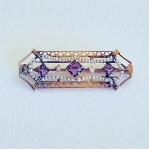 10k Gold Peal Amethyst Antique Bar Pin Brooch Ostby Barton 1920s Art Deco Victor